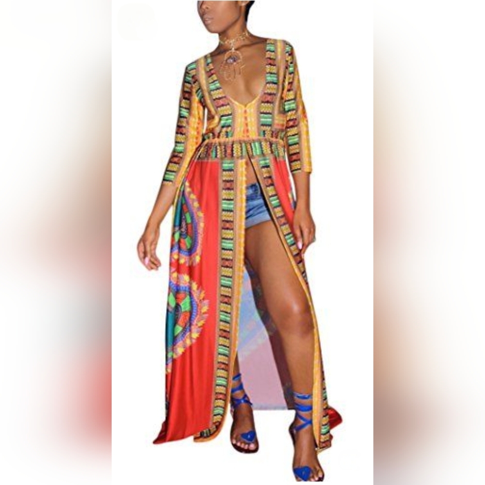 Multi-Color Print Duster Shirt / Dress w/Waist High Split